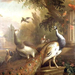 Peacock-And-Peahen-With-A-Red-Cardinal-In-A-Classical-Landscape 